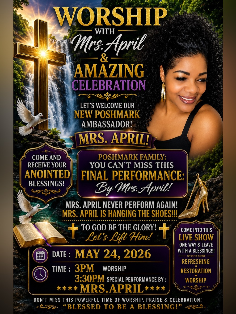 Worship Event Flyer Featuring Mrs. April - Gold & Purple